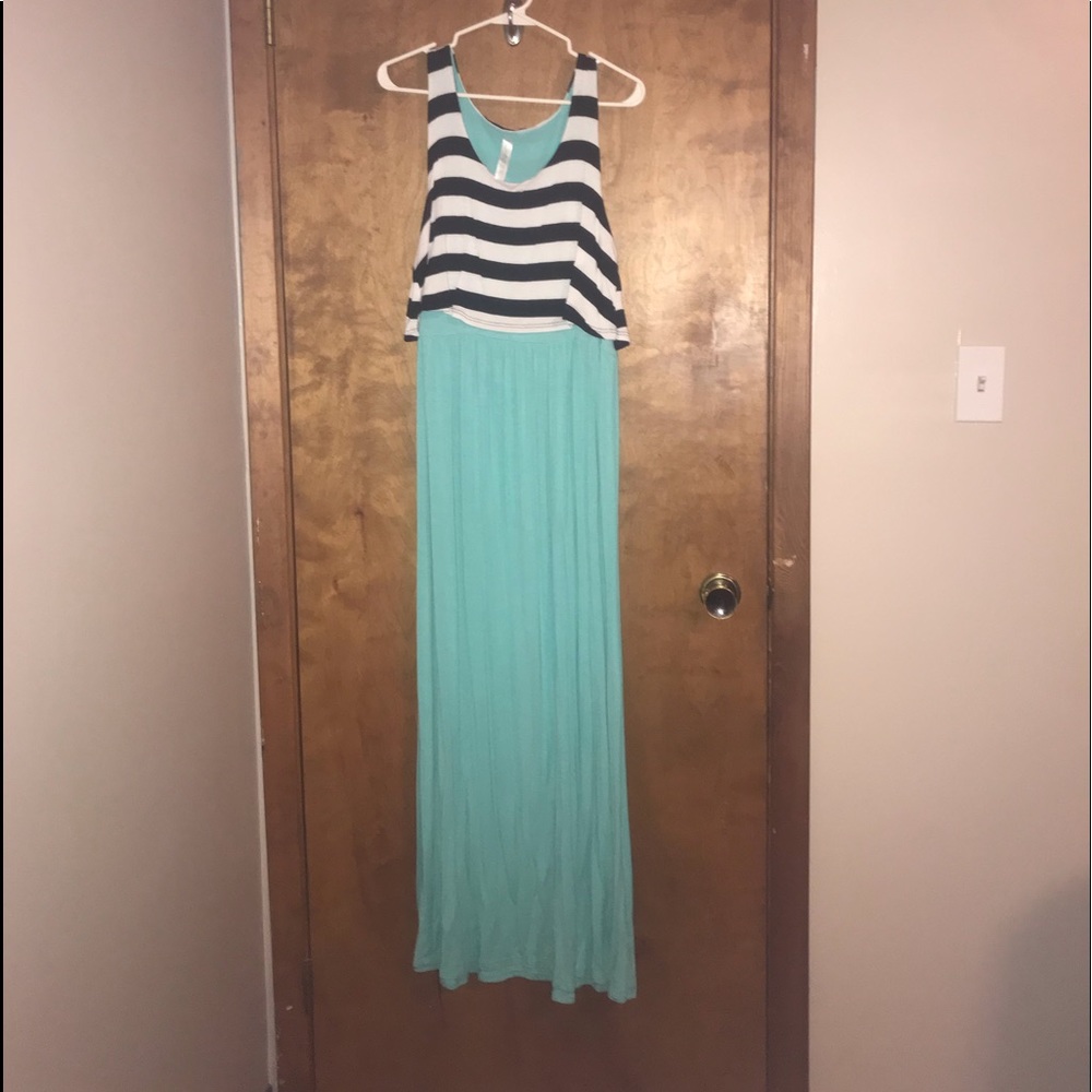 Turquoise/ Black and White Striped Maxi Dress